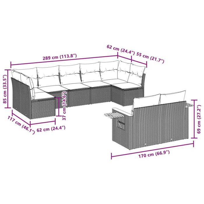 VidaXL Salon de Jardin avec Coussins 9 pcs, Canapés de Terrasse, Ensemble de Meubles de Patio, Mobilier d'Extérieur, Beige 3259532