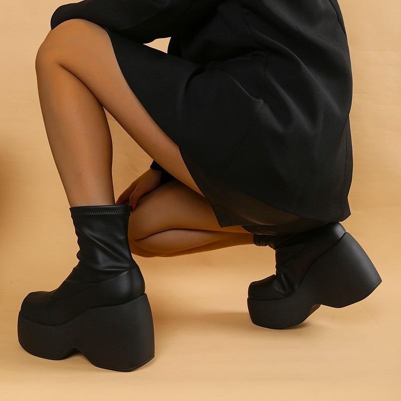 Platform boots new leather elastic wedge heel platform short boots women's Martin boots