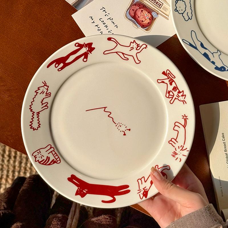 Korean Cute Cat Puppy Graffiti Plate Ins Ceramic Breakfast Plate Vintage Household Utensils Coffee Shop Cake Dessert Fruit Plate