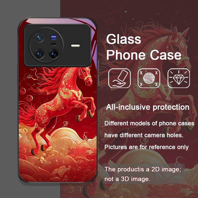 Stylish Chinese-Style Red Horse Print Tempered Glass Phone Case for OPPO Reno 13F 12 11 10 Pro Plus Find X8 X5 X3 PRO Lite Cover