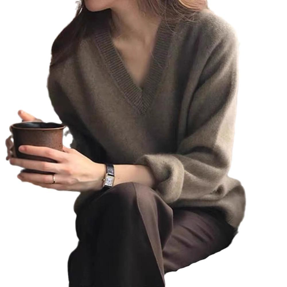 Women's Thick V-Neck Wool Sweater: Velvet, Loose, Casual Knitwear for Autumn & Winter