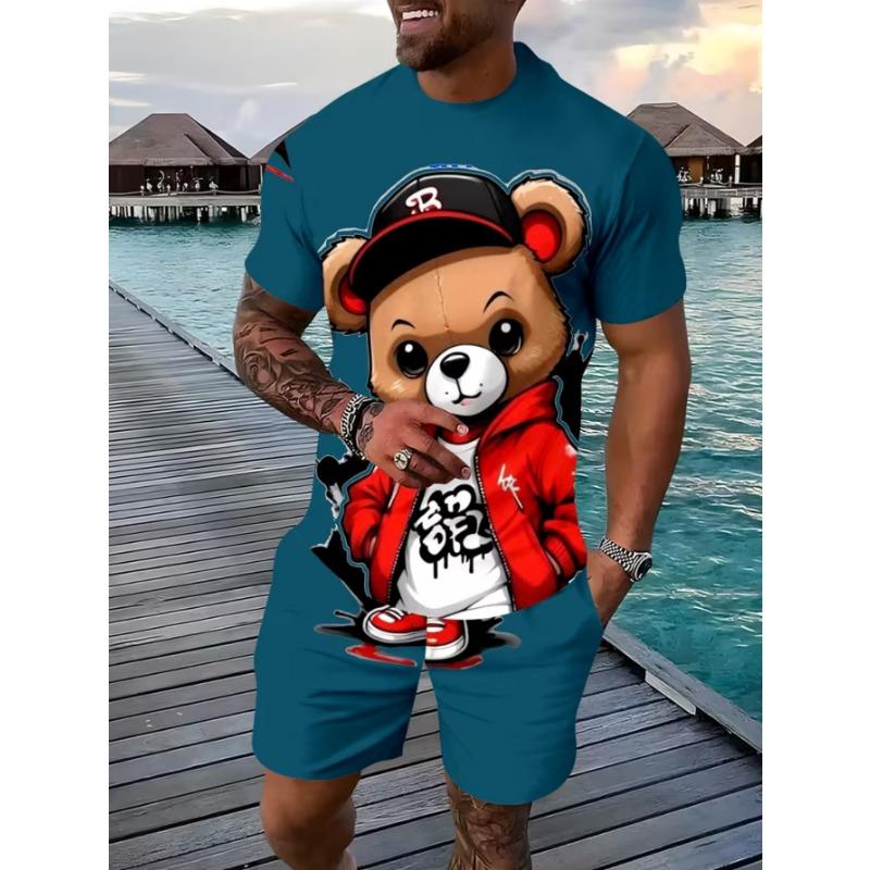 Urban street fashion trend men's round neck short sleeved shorts set, outdoor simple casual and comfortable