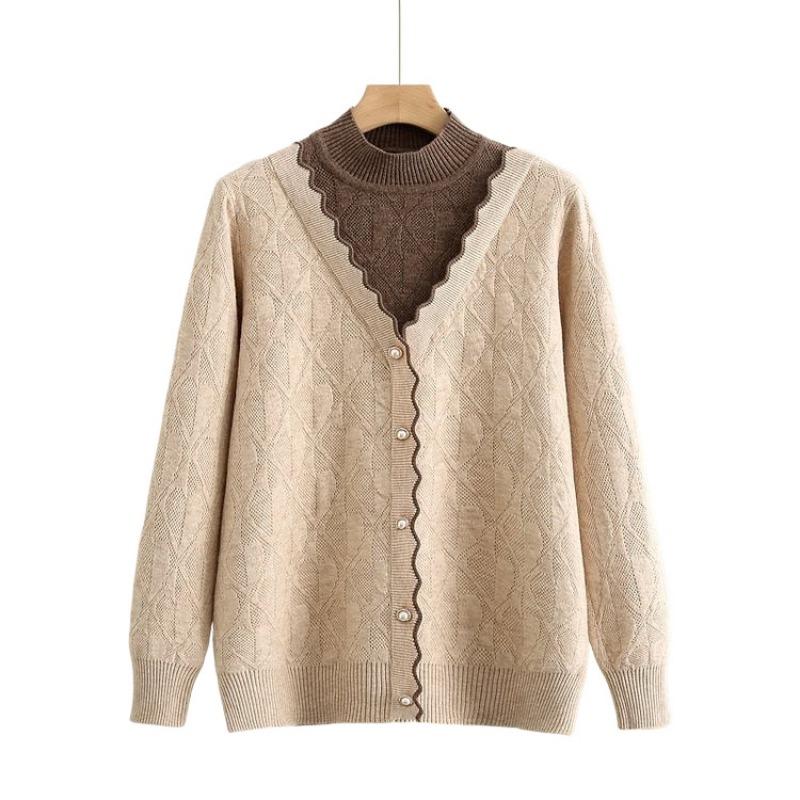 Chinese women's clothing new fake two-piece sweater top short knitted sweater mother autumn clothing middle-aged and elderly bottoming shirt