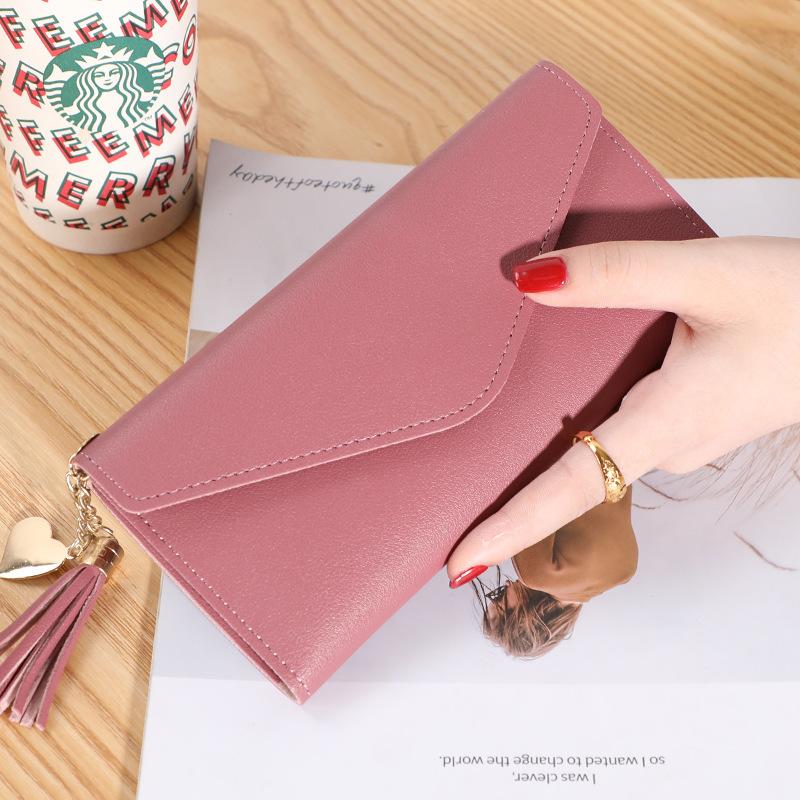 Wallet women's long heart-shaped fringe three-fold flip clutch bag simple lychee pattern women's wallet
