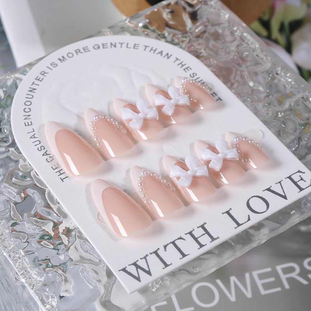 24Pcs Bow Pearl Press on Fake Nails Nude Pink Almond French Stick on False Nail Korean Sweet Girls Wearable Press
