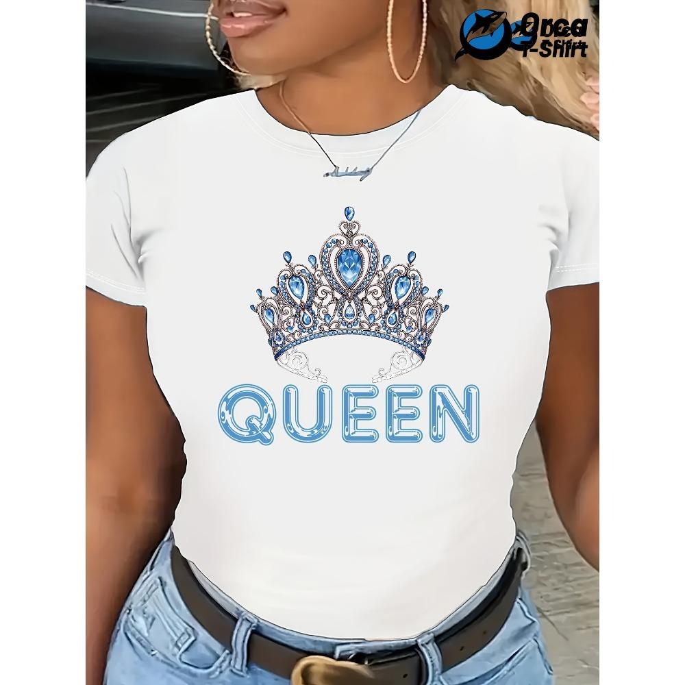 Queen's Crown Graphic Print T-Shirt - Women's Casual Round Neck Short Sleeve Fashion Top