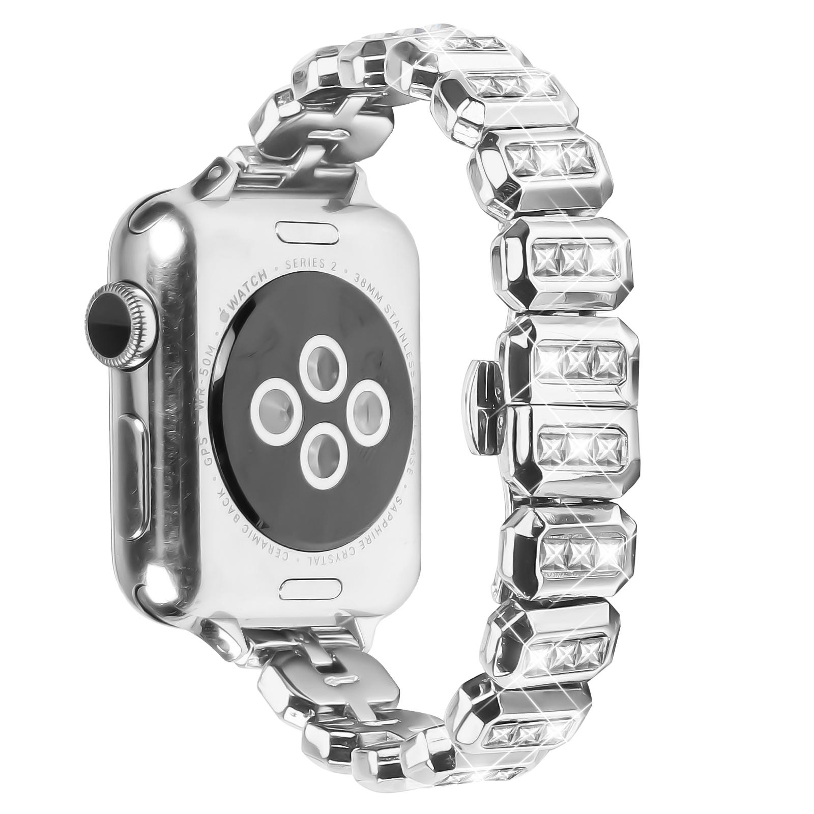 

Металевий ремінець для Apple Watch Series 10 Ultra 9 8 7 SE 6 5 4 3 2 1 46мм 49мм 45мм 44мм 42мм з прикрасою з кристалів та застібкою-метеликом Silver
