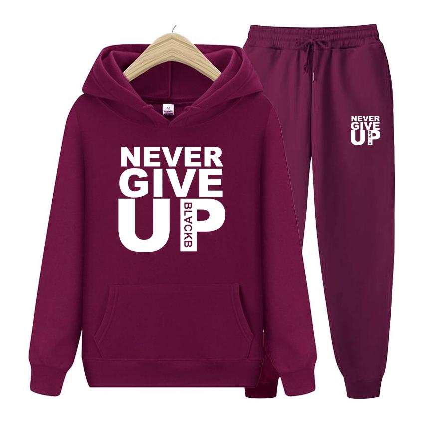 Dame Langermet Hettegenser Sett Hettegensere Sweatshirts Mykt Treningssett Aldri Gi Opp Trykk Topper Streetwear Kvalitet Pullovere