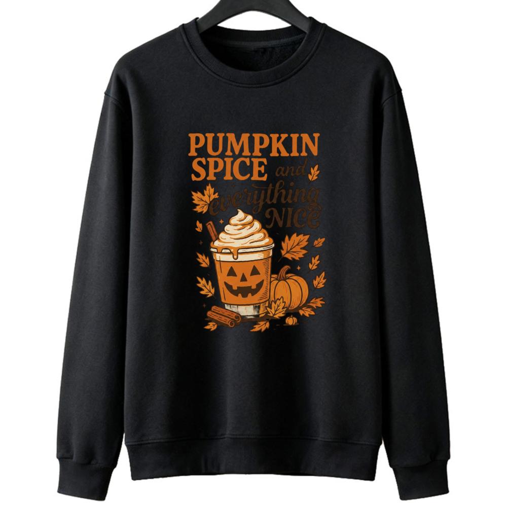 PUMPKIN SPICE and Everything NICE Retro Fall Sweatshirt Women Halloween Pumpkin Coffee Print Pullover Autumn Holiday Daily Wear