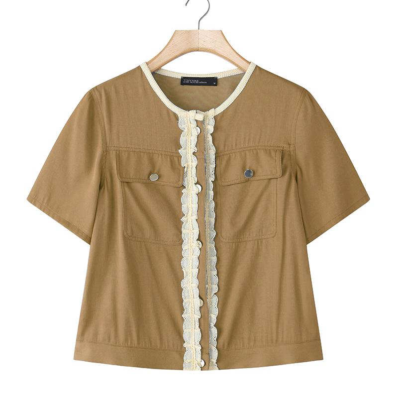 

ZANZEA Women Casual Round Neck Short Sleeve Splice Blouse 5XL хаки