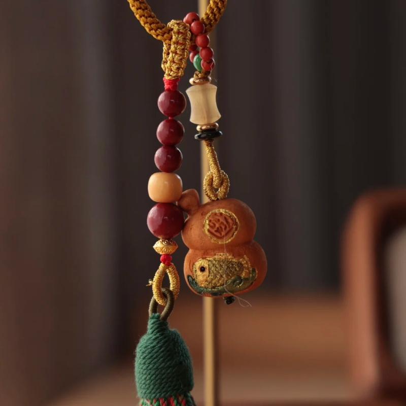 Peach Wood Koi Gourd Keychain 22G With Cinnabar Buddha Bead Hanging Decoration Diy Pendant Accessories Fashion Jewelry Charm