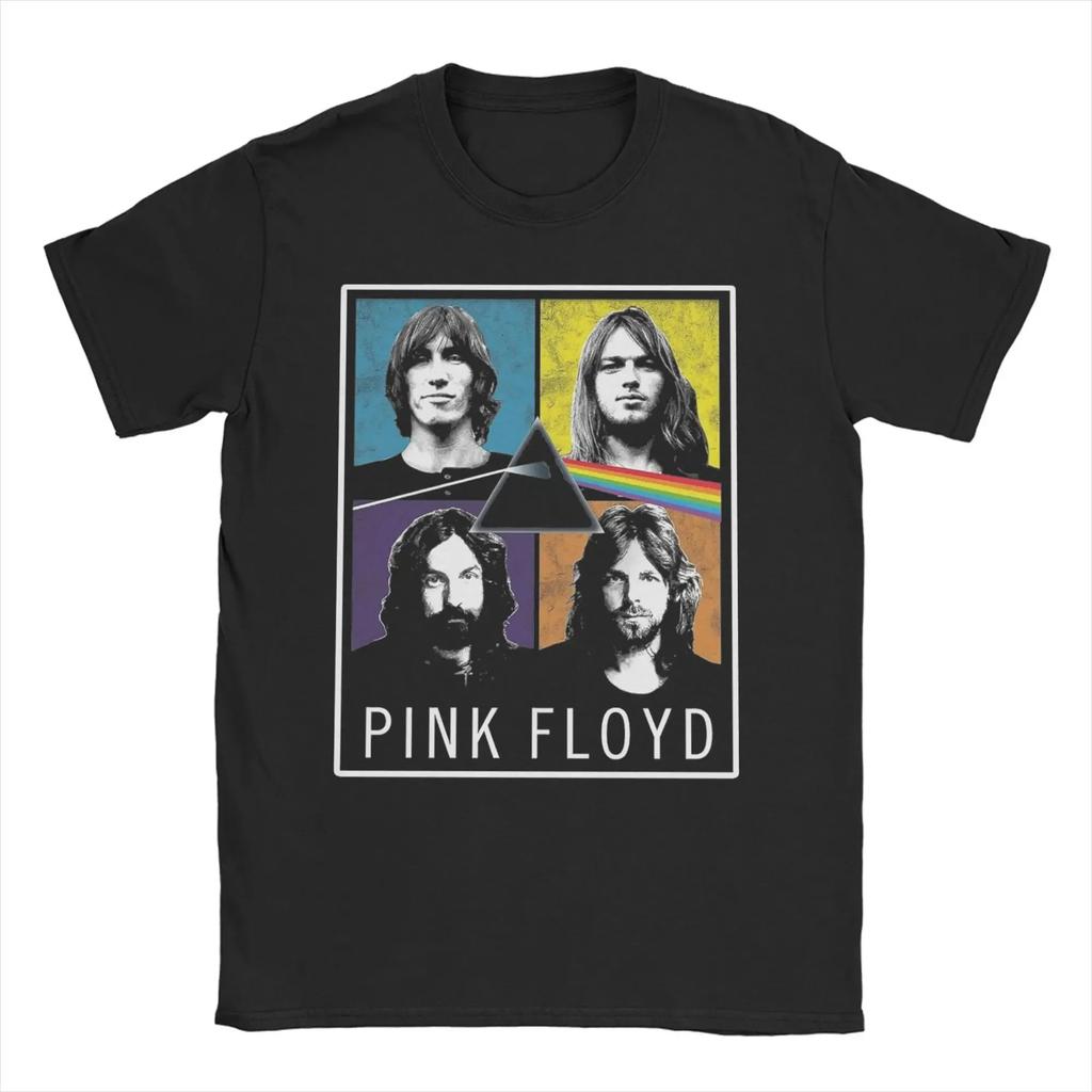 Oversized Black Short-Sleeve T-Shirt Featuring Pink Floyd Band Members Live Portrait Graphic Print For Classic Rock Fans