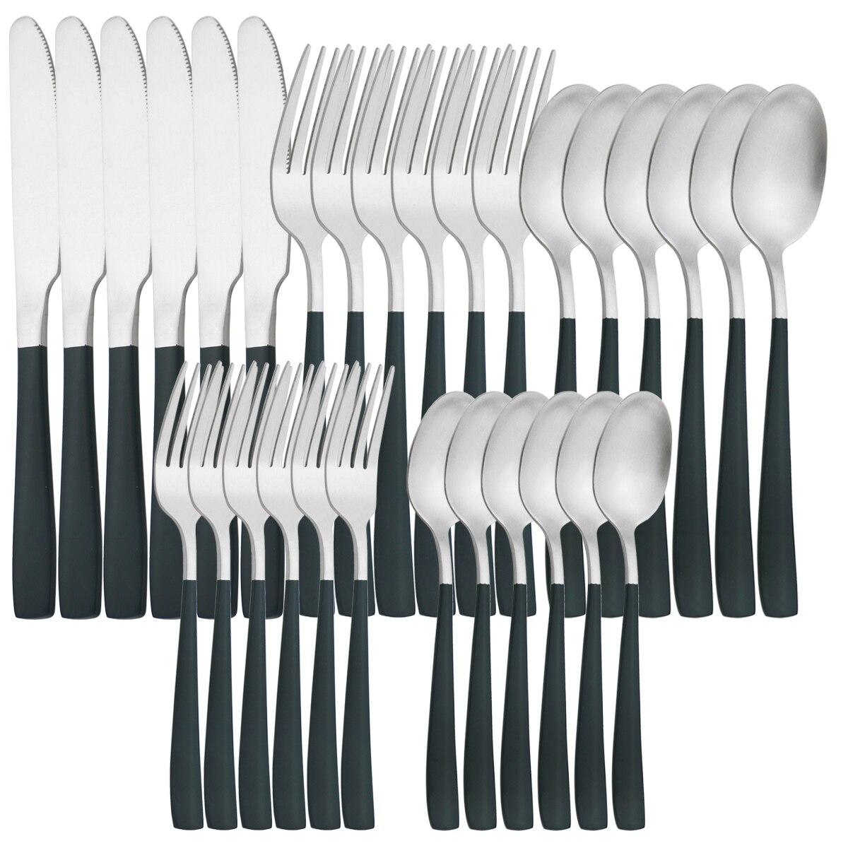 

Високоякісний матовий столовий посуд з нержавіючої сталі Набір столових приборів Ножі Виделки Чайна ложка Столовий посуд Срібний посуд Набір кухонного посуду для вечірки зелений/срібний