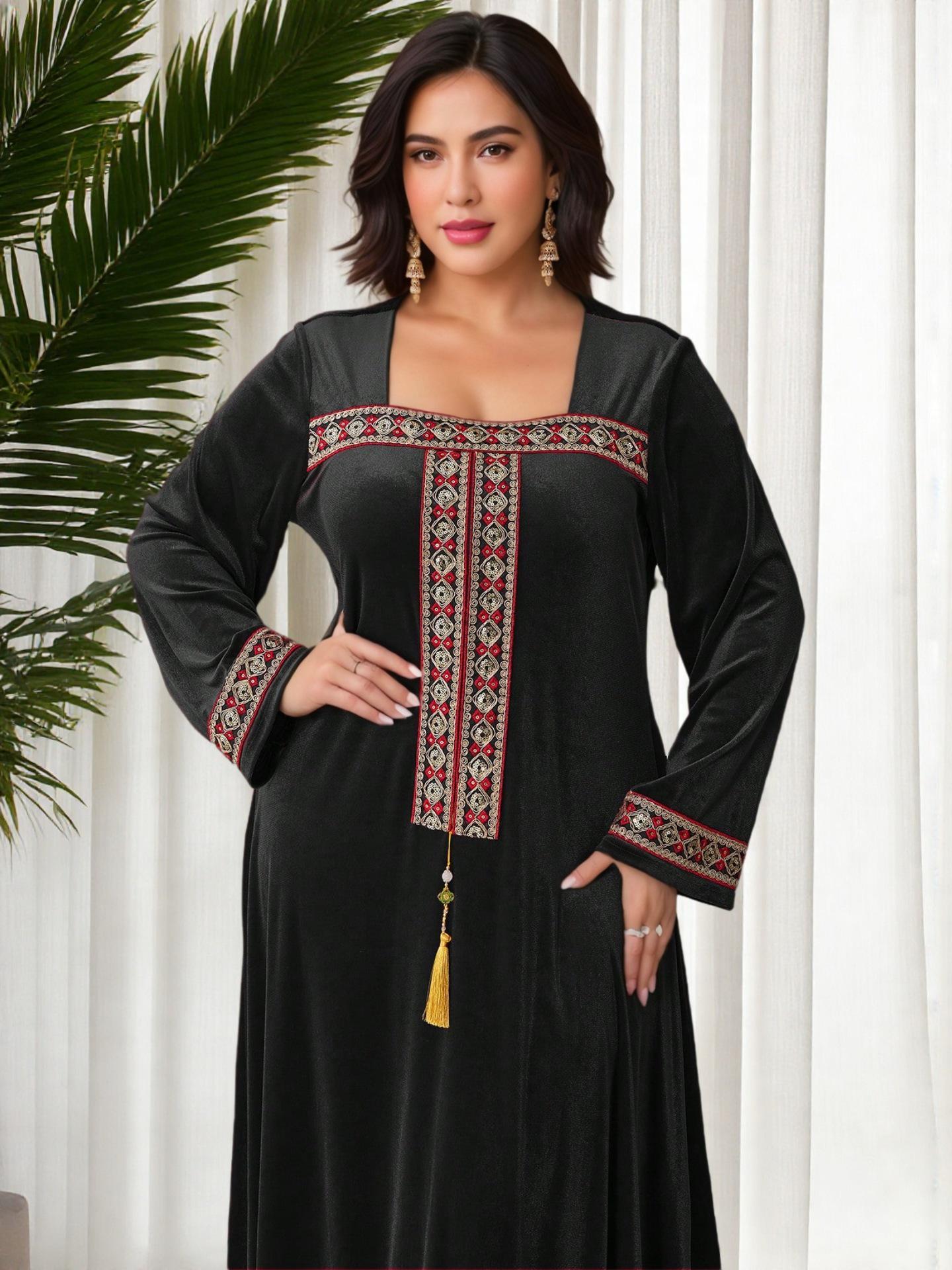 Dubai Islamic Long Sleeve Plus Size Knitwear Dress - Solid Color, Square Neck, Woven Strap 2XL чёрный