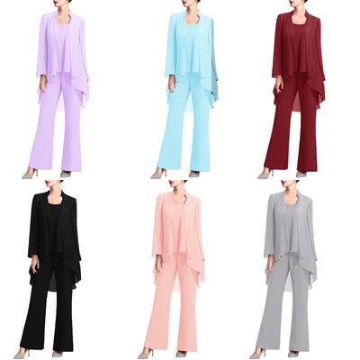 Womens Elegant Chiffon Party Suit 3-Piece Outfits Tank Top Long Sleeve Open Front Cardigan and Long Pants Set