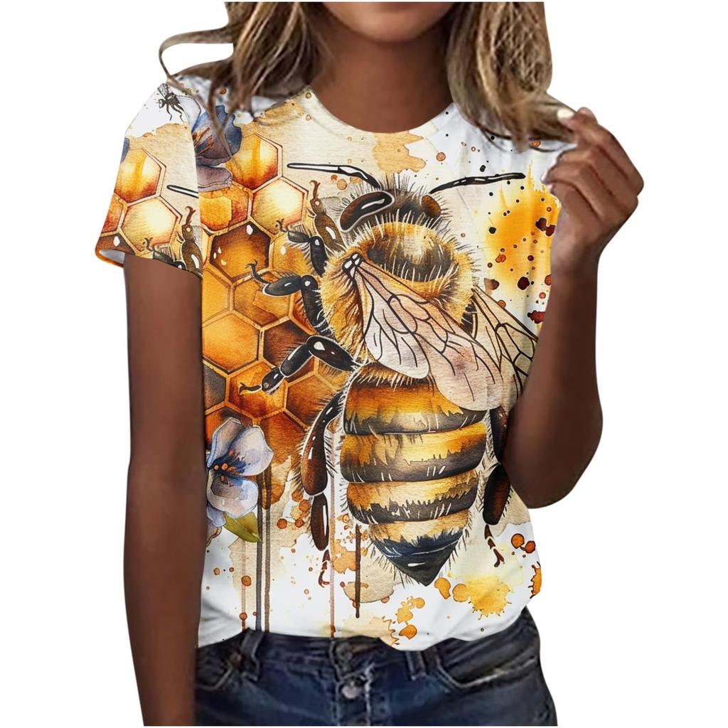 Cute Honey Bee Graphic 3D Print T-Shirts Women's Short Sleeves Elegant T Shirt Streetwear Y2k Harajuku Tees Tops Female Clothing