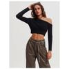 Women's Autumn and Winter Twist Wool Knit Straight Off-the-shoulder Long Sleeve Short Pullover Sweater Top