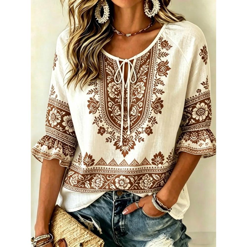 Women's White Boho Floral Print Tie Neck Blouse, Casual Loose Tops for Spring Summer Daily Wear & Vacation Occasions