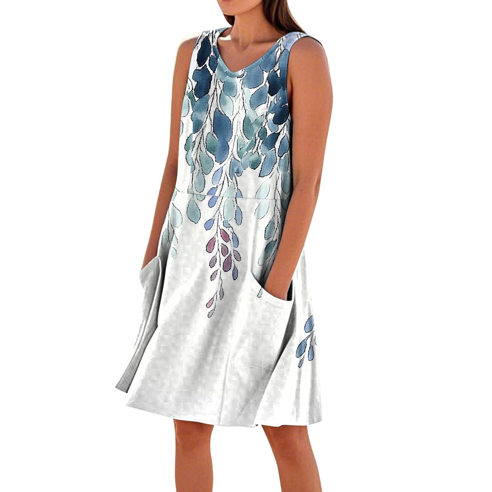 Women Sleeveless V Neck Casual Dress with Pockets Floral Print Loose Fit Summer Lightweight Midi Dress M синий