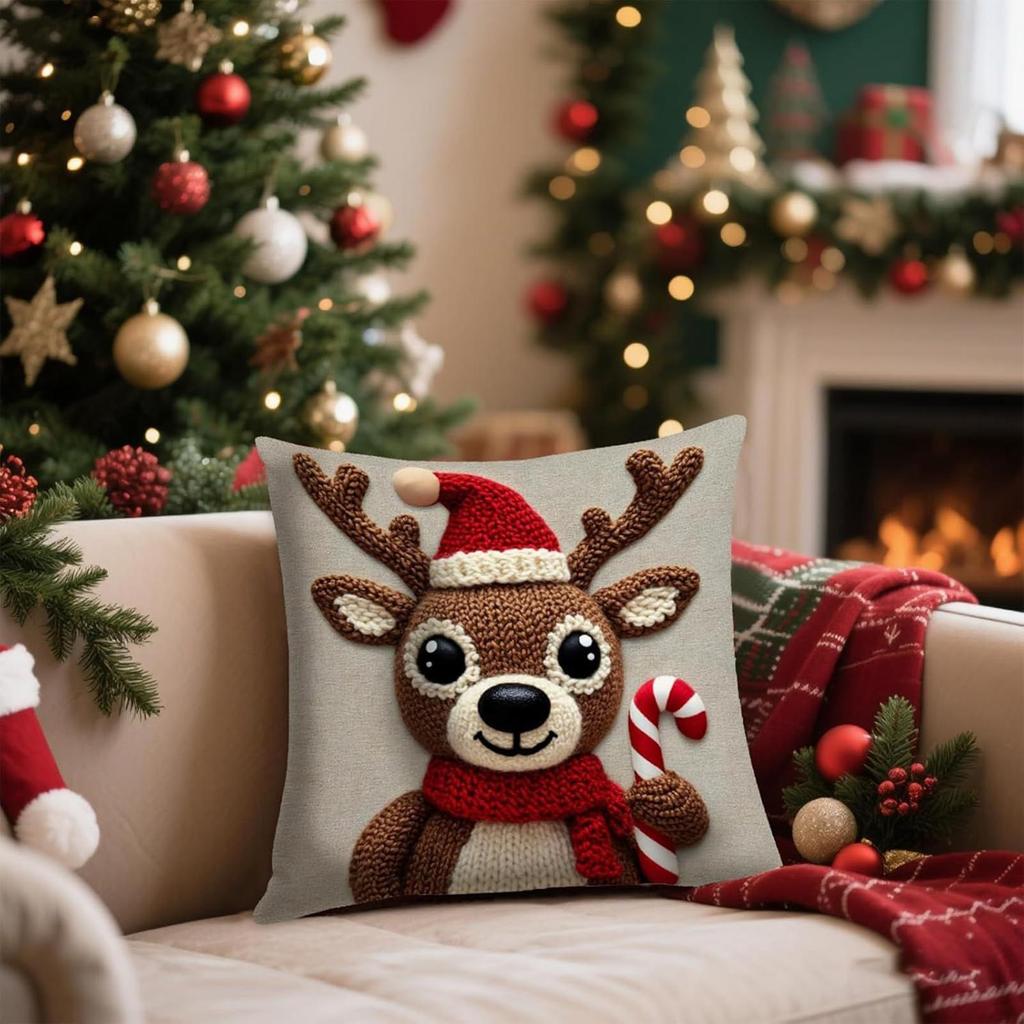 Christmas Pillow Cover 18x18 Inch Linen Soft Elk Deer Pattern Cushion Case Farmhouse Holiday Home Living Room Decor Xmas Gifts