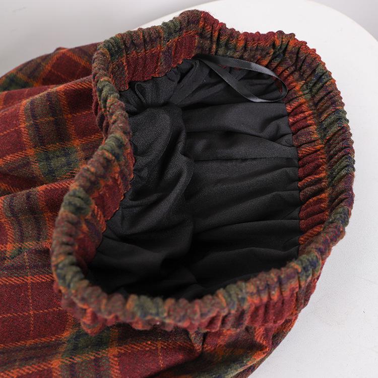 Women's Retro Plaid Wool Blend Midi Skirt - High Waist A-line with Double Pockets for Autumn/Winter