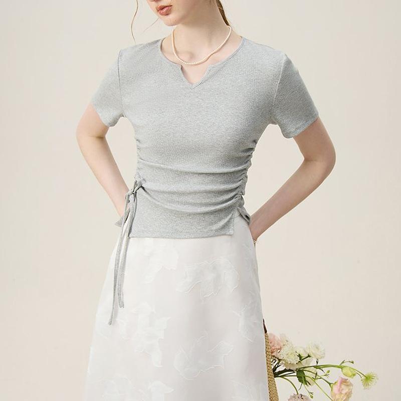 Straight-shoulder Knitted Short-sleeved T-shirt Summer Design  Drawstring Top