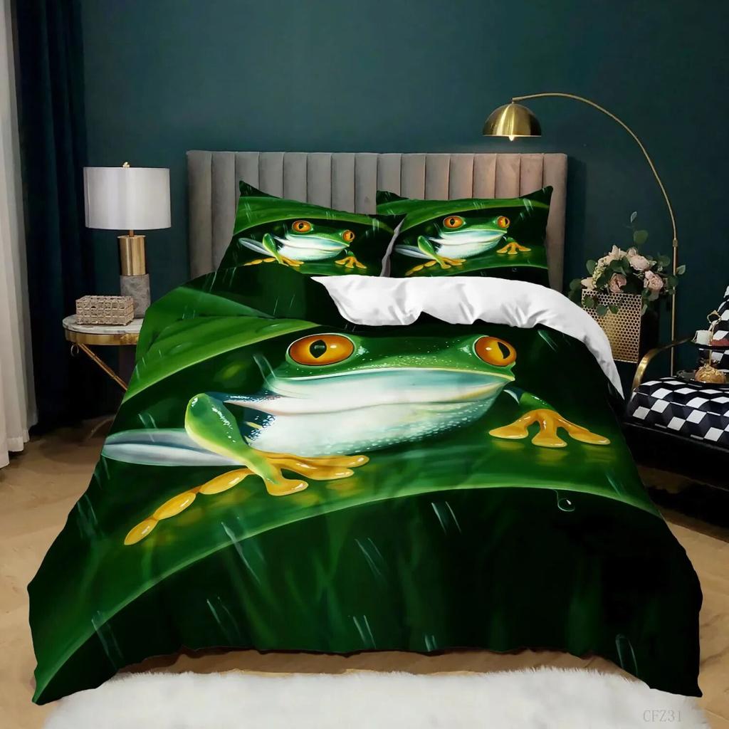 Frog Soft Duvet Cover Set Quen Sized Dimensions Funy Frog Tropical Amphibian Beding Set for Kid Tropical Nature Animal Comfortable Quilt Cover Warm