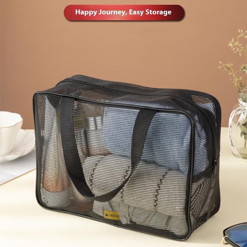 Ventilated Travel Cosmetic Bag With Adjustable Handle Portable Meshes Design For Bathroom Essential Storage