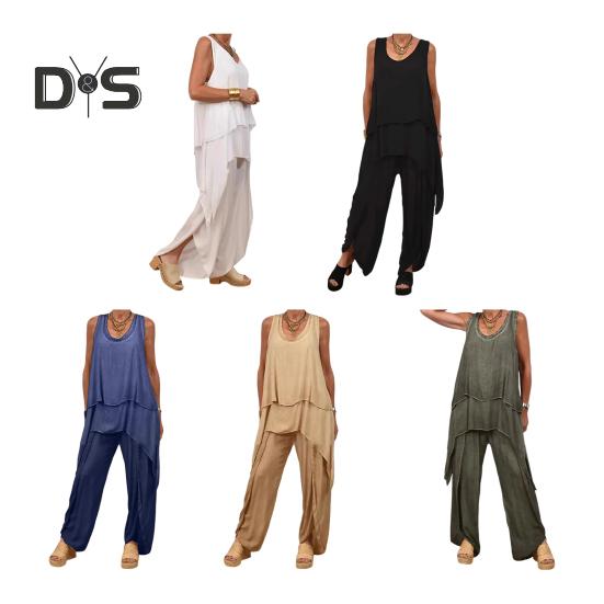 Todelte antrekk for kvinner, avslappet ermeløs uregelmessig topp, sett med vide benbukser, løst loungesett for sommeren