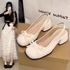 Fashion Women Square-toed Shallow Thick-heeled Sandals Elegant Bow Shoes Woman Summer Pu Ballerinas Soft Square Head Casual Sandals