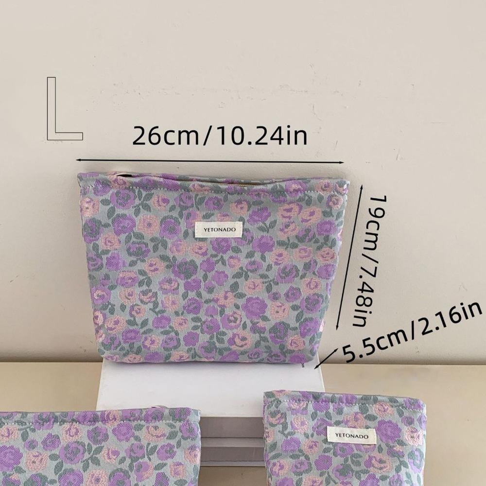 Polyester Canvas Flower Clutch Bag Flower Pattern Zipper Closure Cosmetic Storage Pouch Large Capacity Portable Makeup Bag
