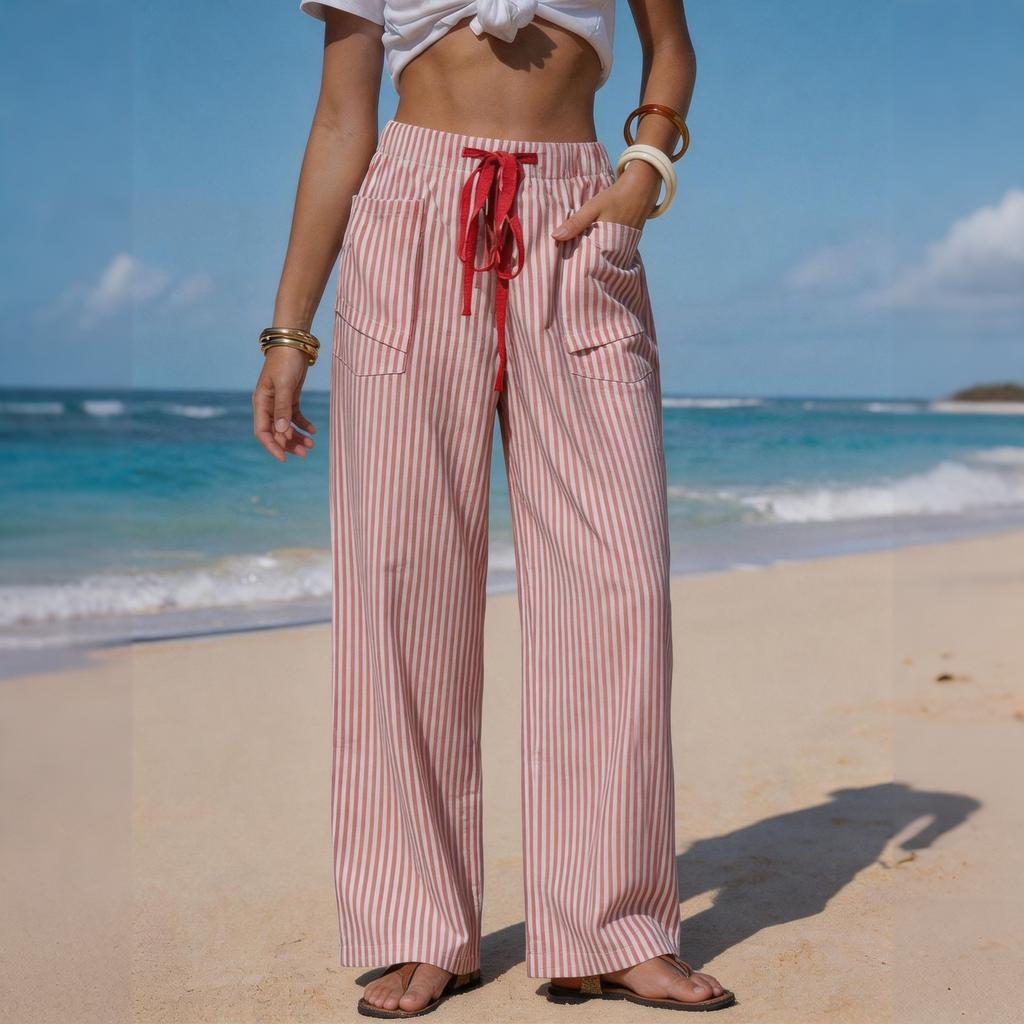 Women's Casual Wide Leg Pants Striped Drawstring Waistband with Pockets Lightweight Comfortable Loose Fit Trousers for Daily Wear