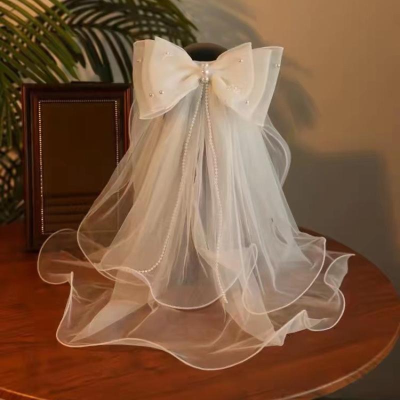 Elegant Double Bow Bridal Veil: Exquisite Lace Headpiece For Your Wedding Veil With Holy White Bow Hairpin For Wedding Headpiece