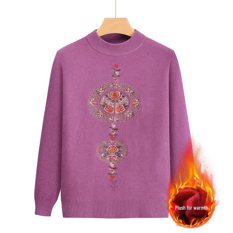 2024 Grandma's Fleece-Lined Warm Base Layer Sweater for Middle-Aged & Elderly Women, Autumn/Winter Collection