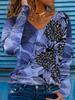 Women's Elegant V-Neck Marble Print Long Sleeve T-Shirt Soft Polyester Great for Autumn and Winter Casual Wear Floral Print Tops