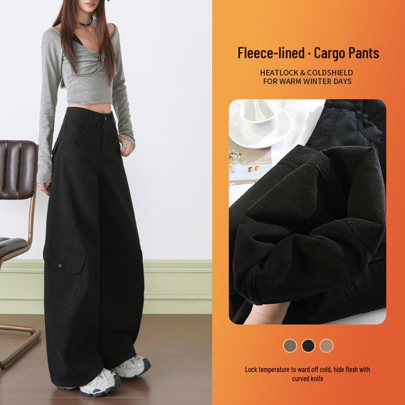 Retro Fleece-Lined Curved Leg Cargo Pants - Stylish, Slimming, Multi-Pocket, Wide-Leg Design