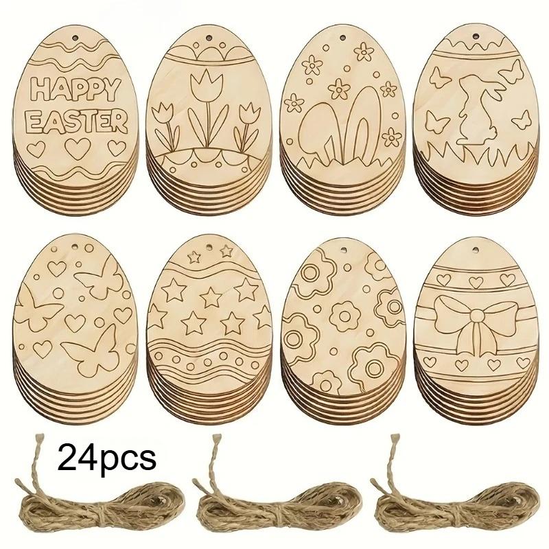 24pcs Easter Egg Wooden DIY Crafts Cutouts Wooden Egg Shaped Hanging Ornaments Wood Tags for Easter Holiday Party Decorations