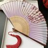 Ancient Chinese Style Small Dance Fan Summer Portable Hanfu Cheongsam Hand Held Fan Green Bamboo Ribs Single-Sided Folding Fan