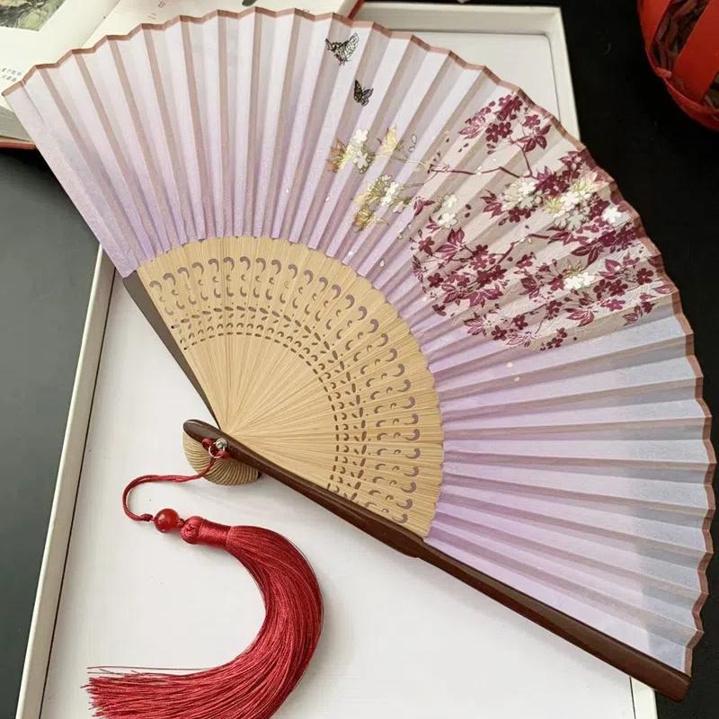 Ancient Chinese Style Small Dance Fan Summer Portable Hanfu Cheongsam Hand Held Fan Green Bamboo Ribs Single-Sided Folding Fan
