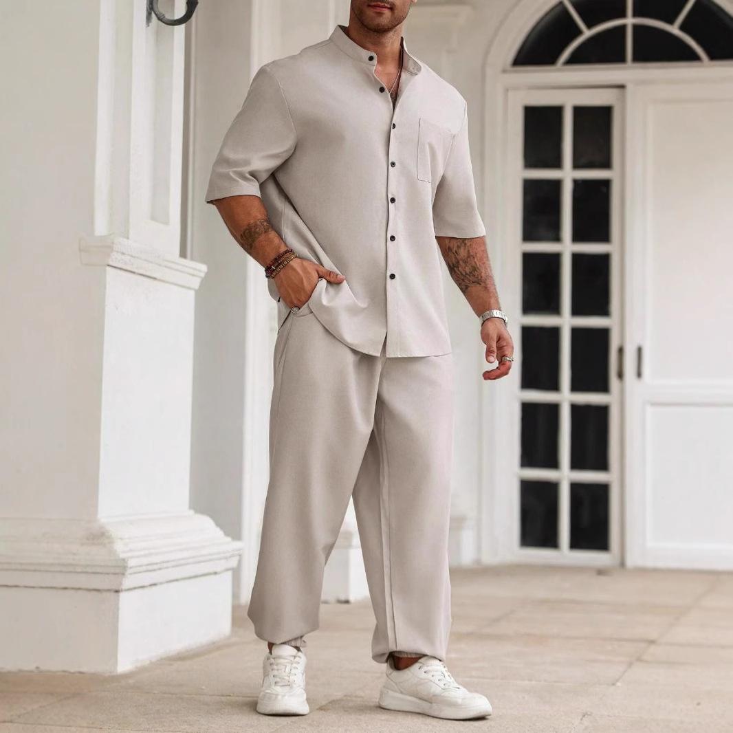 

Новый мужской костюм для поездок на работу из хлопка и льна, повседневная рубашка на пуговицах, брюки с коротким рукавом для мужчин XXXL абрикосовый