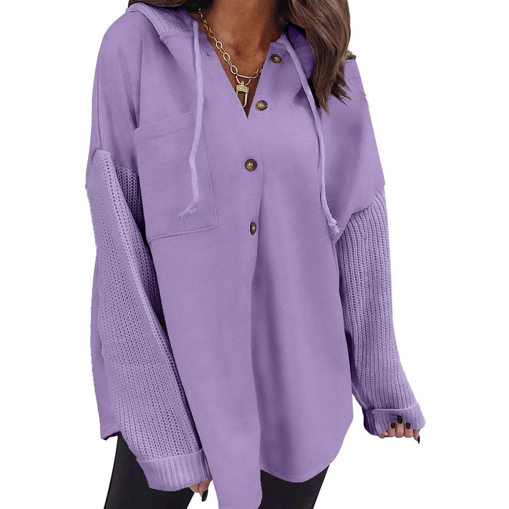 Women's Oversized Casual Long-Sleeve Button-Up Hoodie Knit Patchwork Hoodie With Pockets