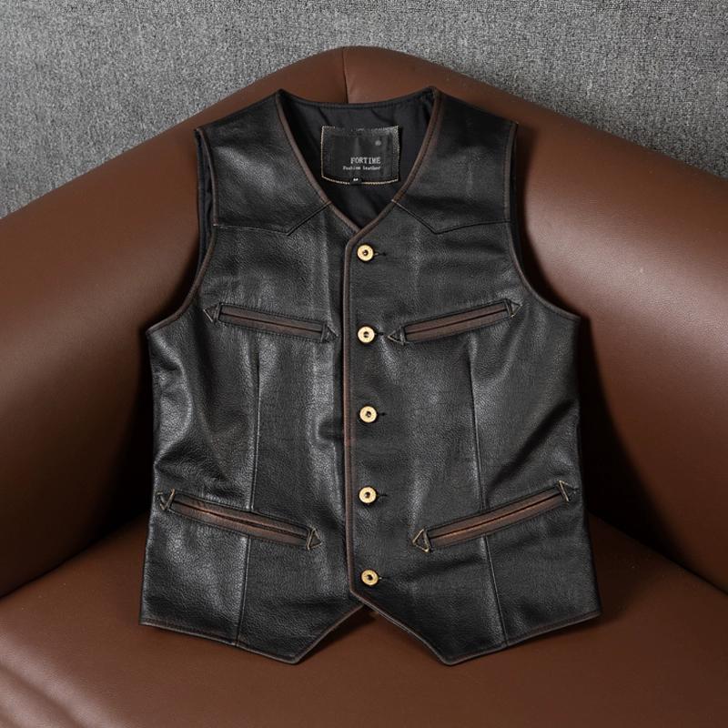 Genuine Buffalo Leather Vest Western Cowboy Style Biker Waistcoat for Men Women Large Size Spring Autumn