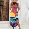 Women Sleeveless Maxi Dress Casual Loose Fit Summer Hawaiian Print Long Dress Side Slit Beachwear Sundress