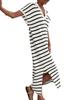 Women's Striped Knit Maxi Dress V Neck Collar Short Sleeve High Slit Beach Dress Plus Size