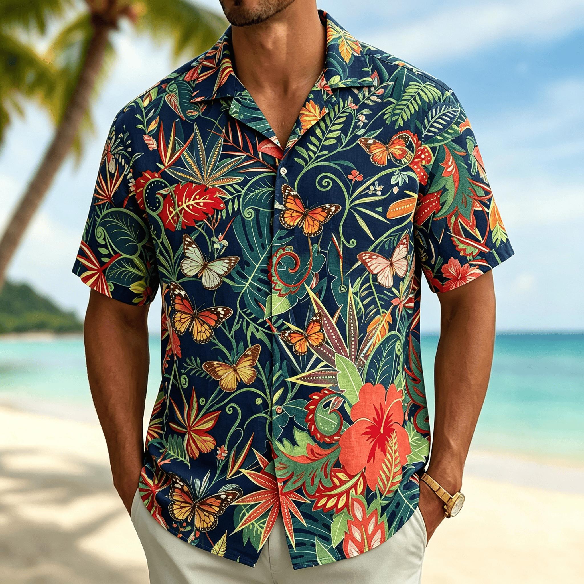 2026 Men s Tropical Butterfly Printed Short Sleeved Shirt, Casual Hawaiian Top, Summer Vibrant Jungle Design S