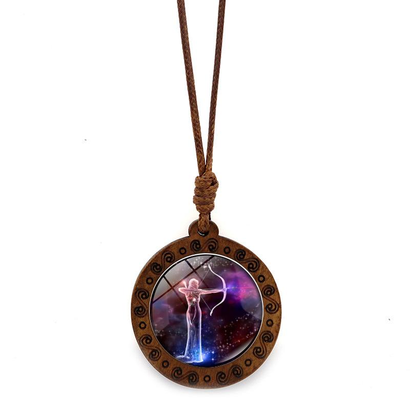 Twelve Constellations Time Glass Wooden Retro Brown Wax Rope Male and Female Couple Birthday Gift Pendant Necklace
