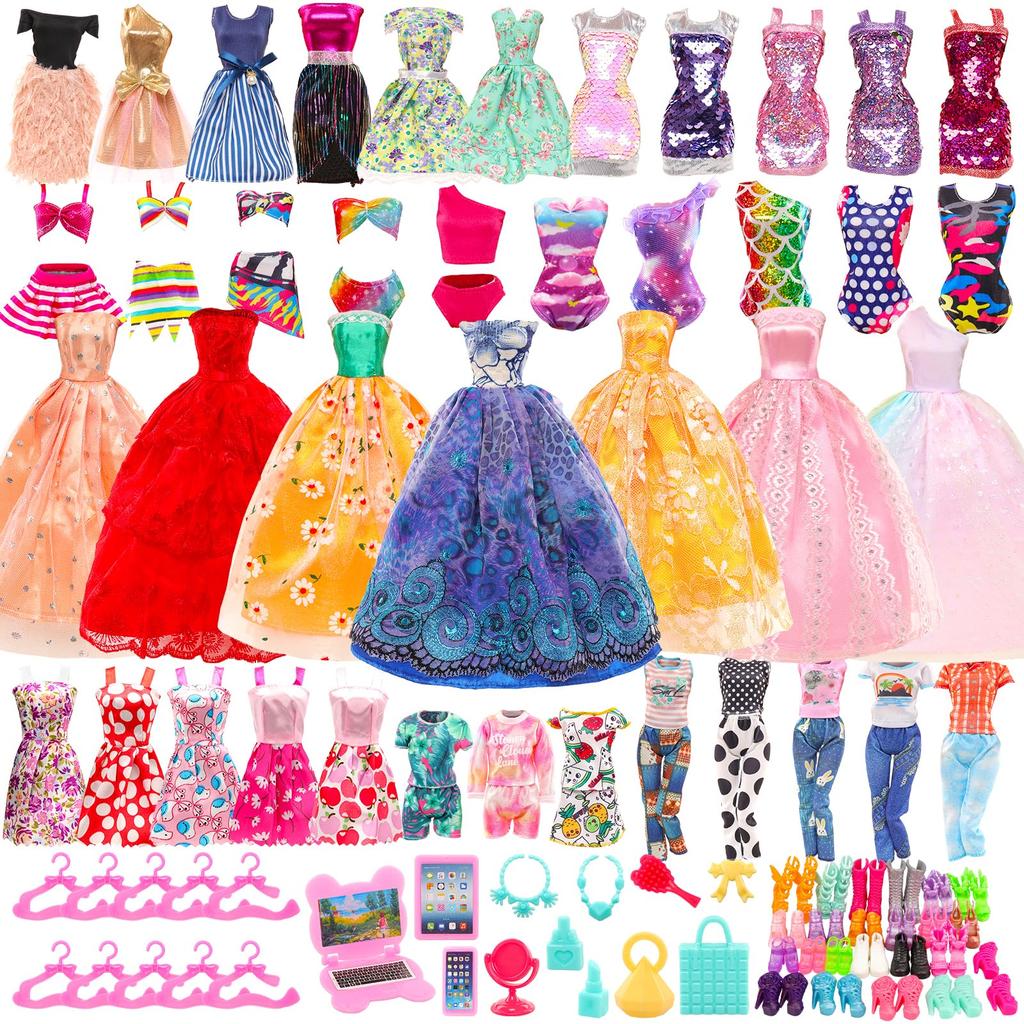Barwawa Doll Clothes, 30cm Doll Clothes, Doll Dresses, 52 Sets = 3 Outfits + 14 Dresses + 3 Swimsuits + 10 Pairs of Shoes + 22 Accessories Including C