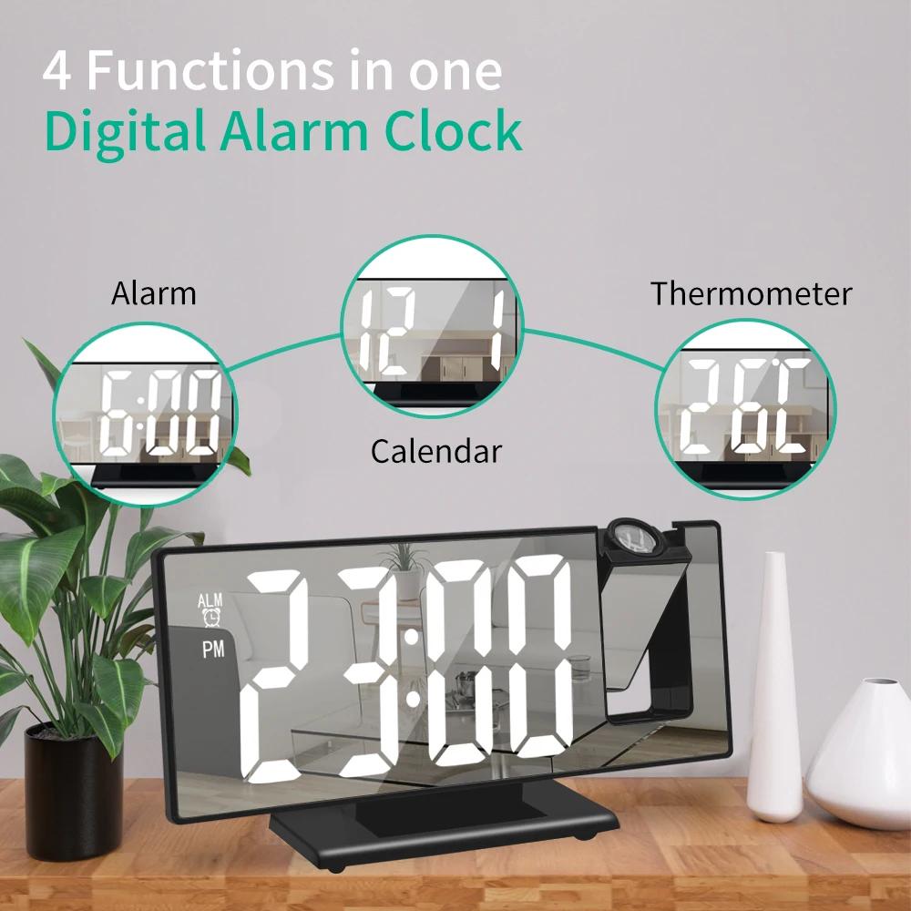USB Powered Digital Alarm Clock 180° Arm Projection Alarm Clock Time Temperature Snooze Table Clock 12/24H Projector LED Clock