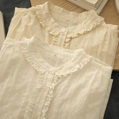 Korean Style Retro Evening Tea Embroidered Cotton Women's Shirt