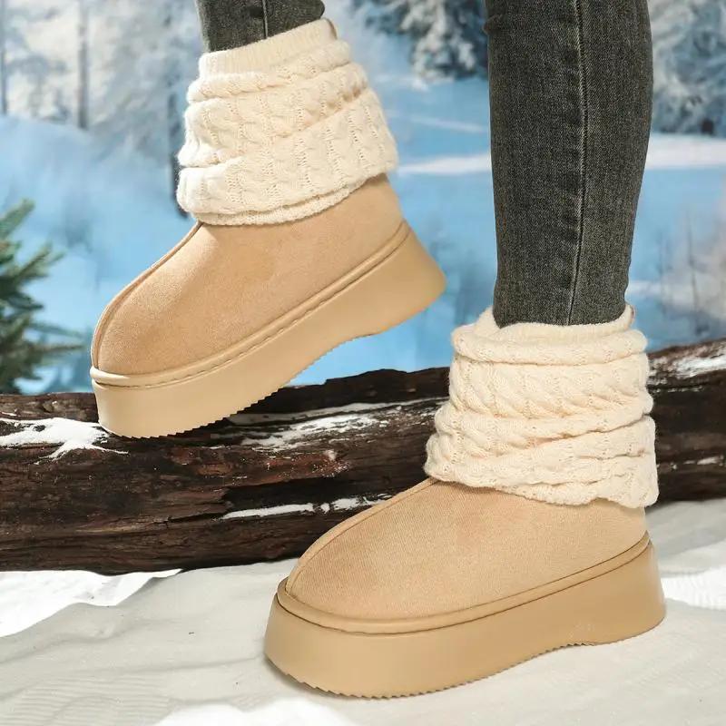 Fashion Thick Bottom Warm Faux Fur Snow Boots Women 2025 Winter Knitted Leg Covers Flat Heel Ankle Boots Sweet Non Slip Winter Shoes